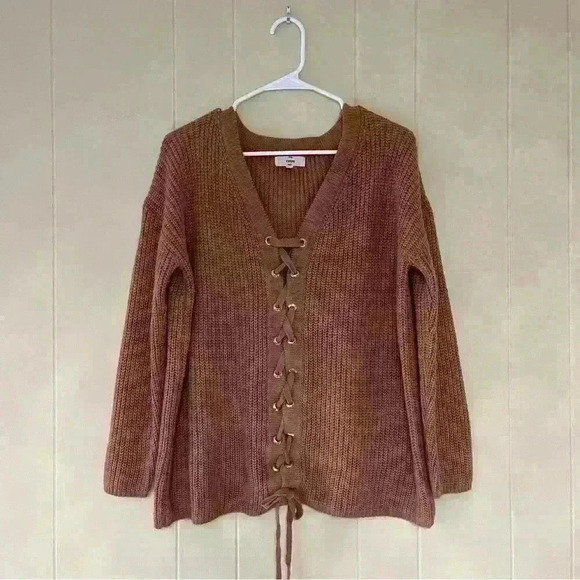 Entro Anthropologie Brown Cable Knit Lace Front V Neck Sweater Size M - Picture 1 of 10